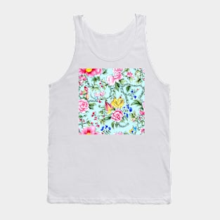 Flowers and leaves on turquoise seamless pattern Tank Top